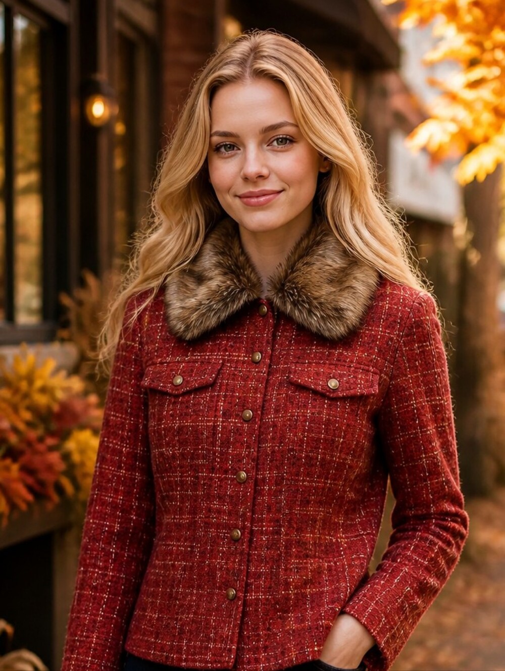 NWT Laura Ashley Petite Plaid Tweed Jacket Detachable Faux Fur Collar Small